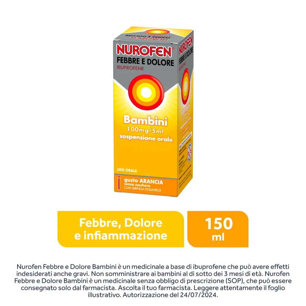 Nurofen Febbre e Dolore Bambini 100 mg/5 ml Ibuprofene Sospensione Orale Arancia 150 ml Antinfiammatorio