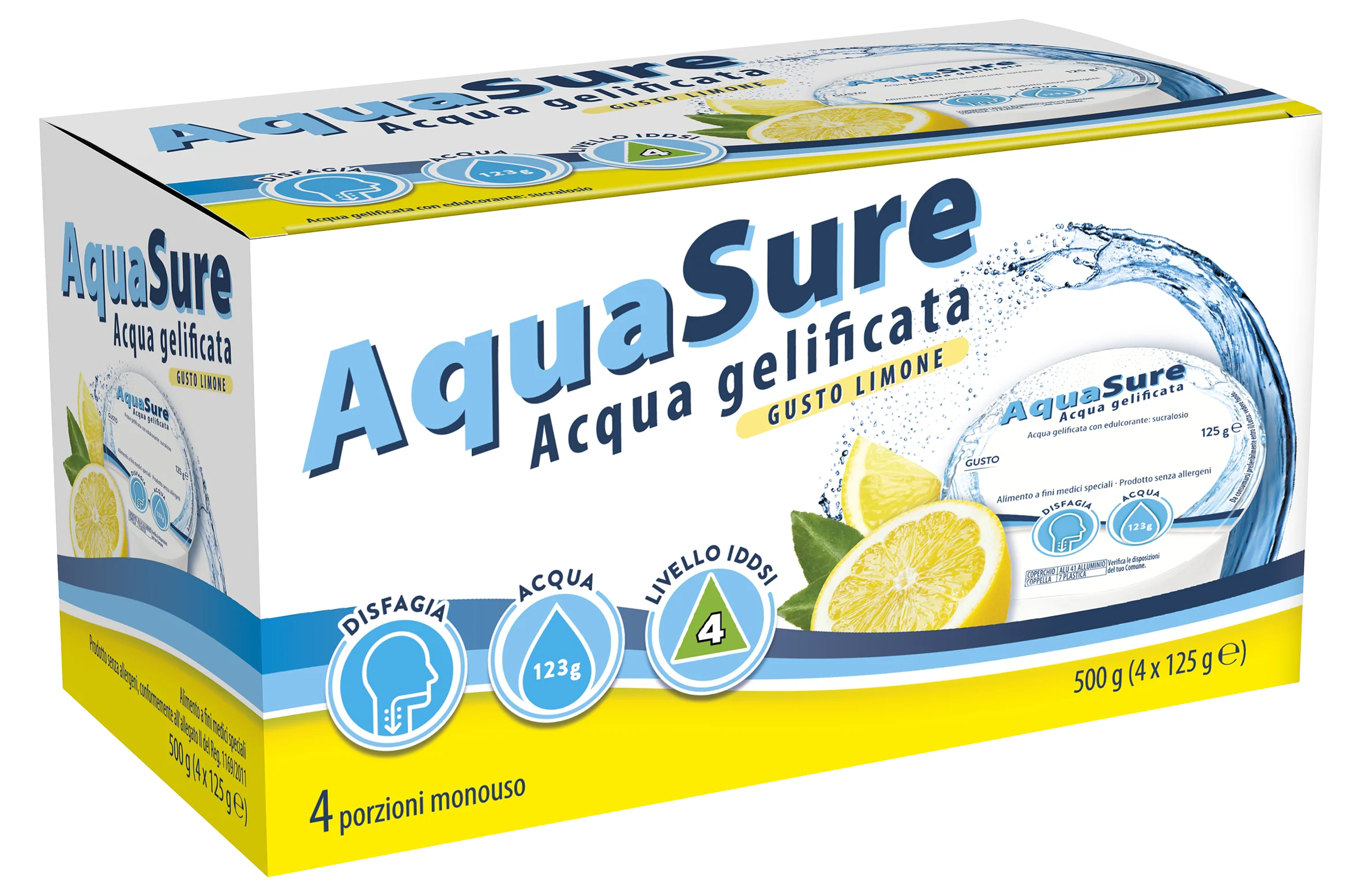 AquaSure Acqua Gelificata Edulcorata Gusto Limone 4 x 125 g Idratazione