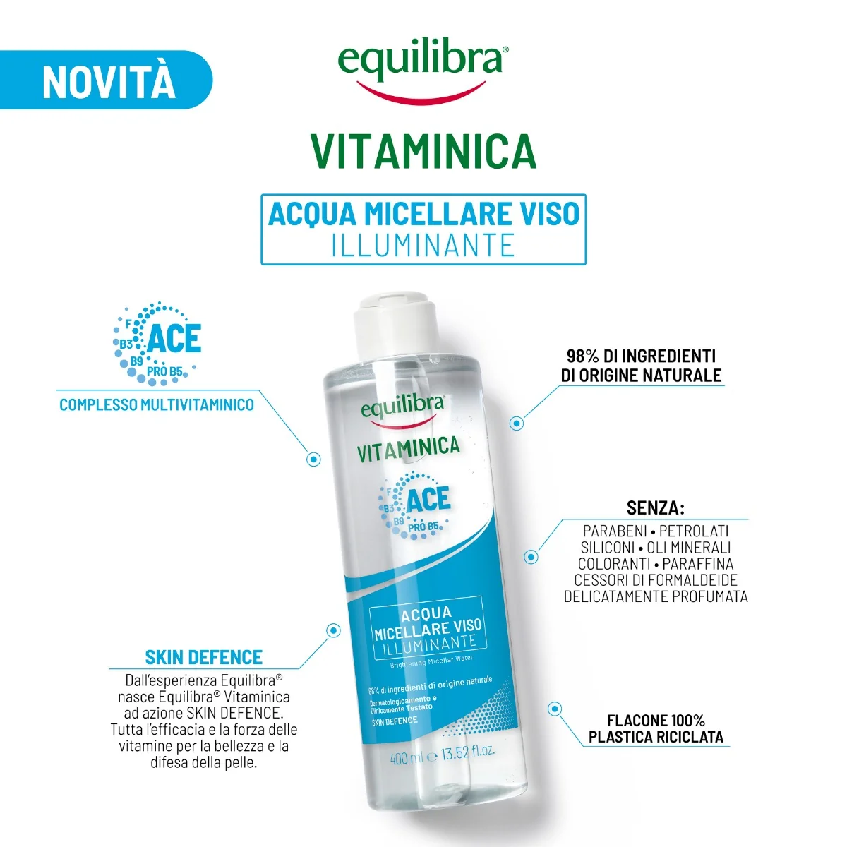 Equilibra Viso Vitaminica Acqua Micellare 400 Ml Detersione del Viso
