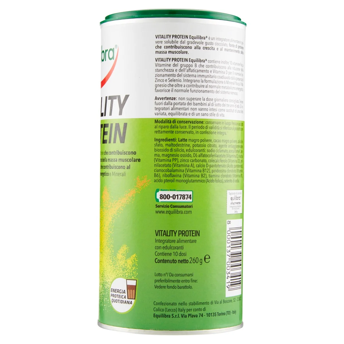 Equilibra Vitality Protein Gusto Cioccolato 260 g Crescita e Mantenimento Massa Muscolare