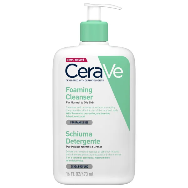 Cerave Schiuma Detergente Viso e Corpo 473 Ml Detergente ideale per la Pelle da normale a grassa