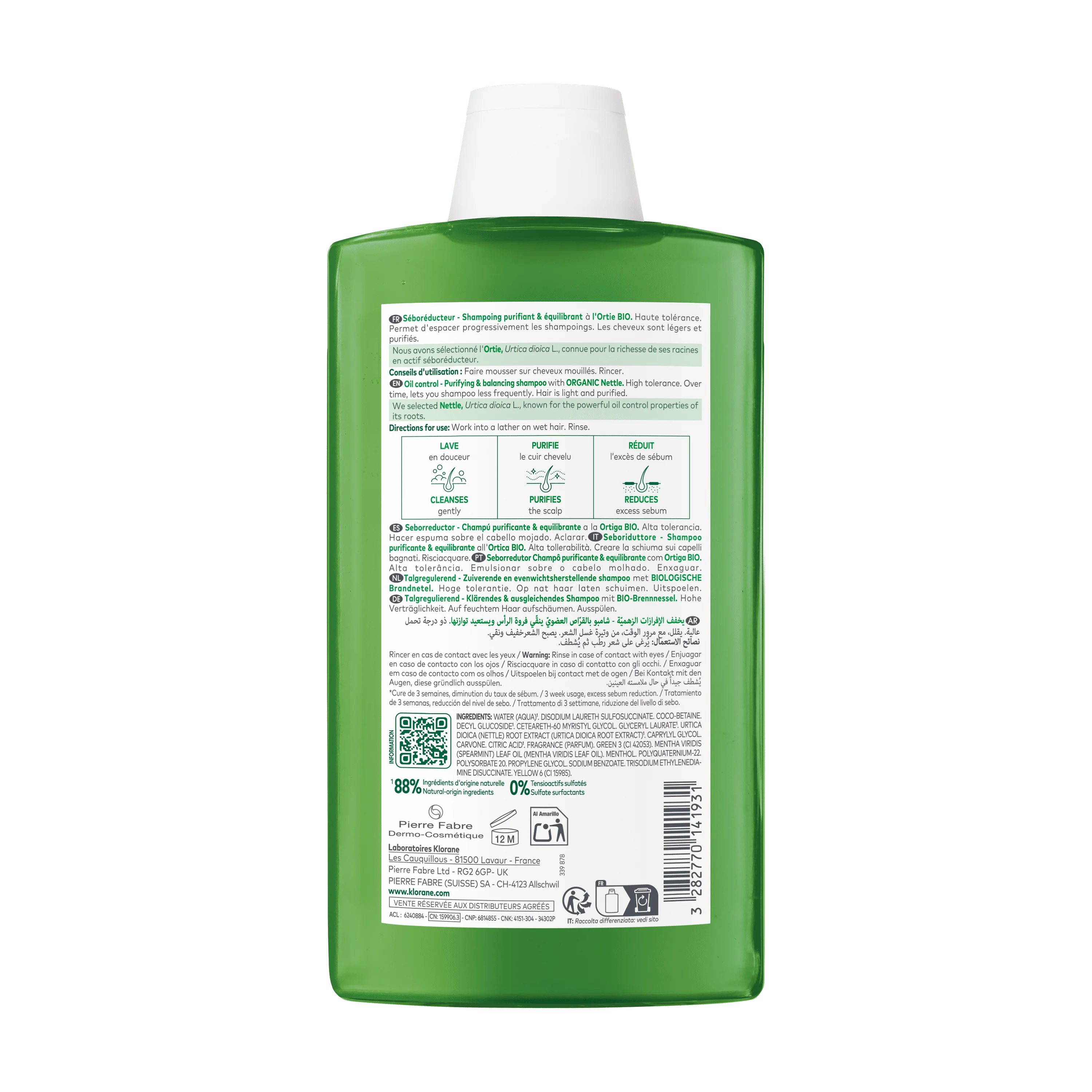 Klorane Shampoo Seboriduttore all'Ortica Purificante ed Equilibrante 400 ml Capelli Grassi
