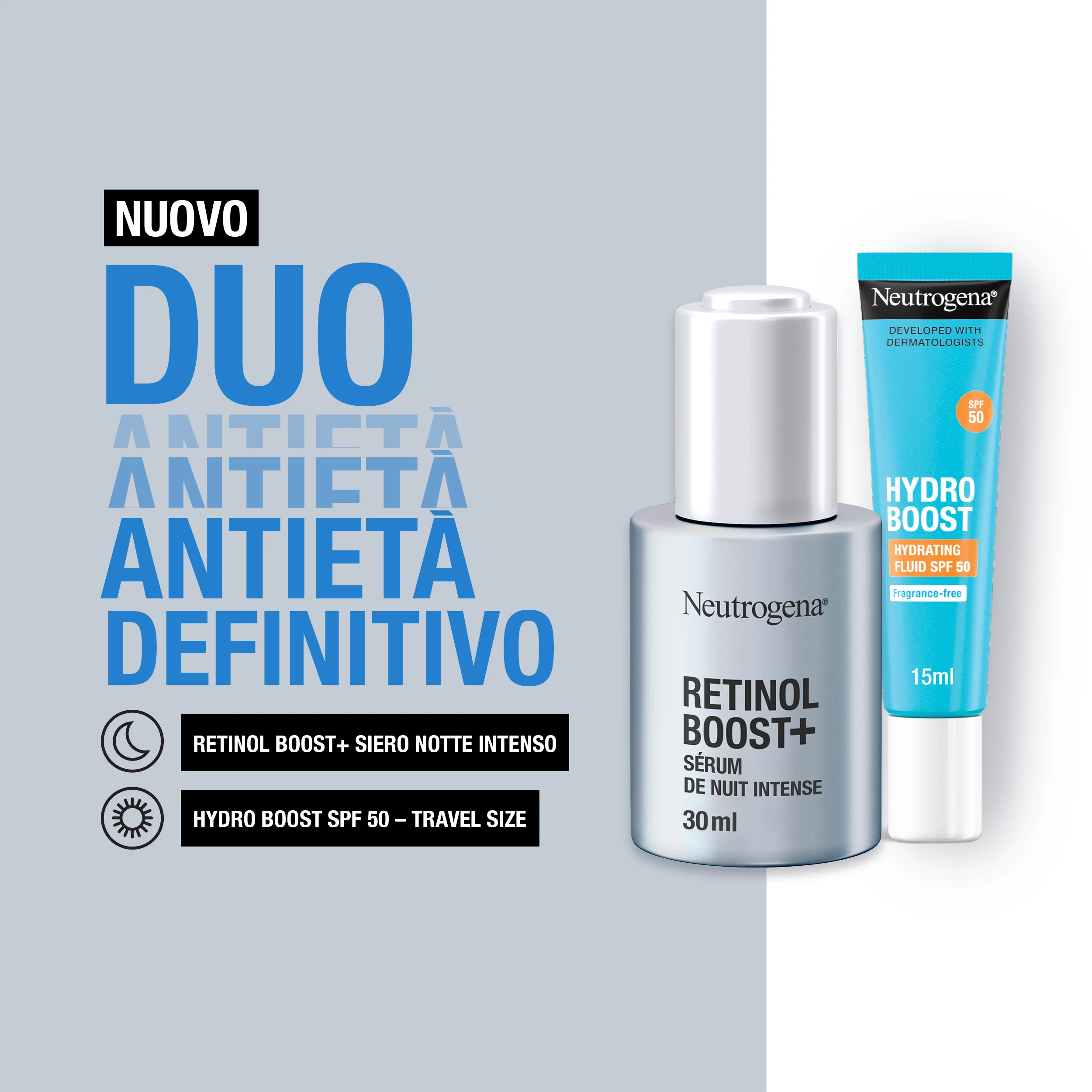 Neutrogena Duo Anti-Età e Protezione Retinol Boost Siero 30 ml +  Hydro Boost Fluido SPF50 15 ml Azione Intensiva