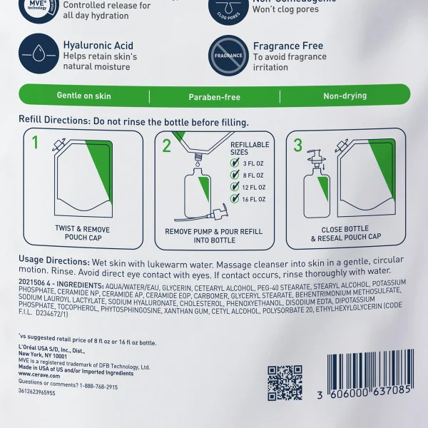 Cerave Refill Detergente Idratante 473 ml Ricarica Detergente Viso ad Uso Quotidiano