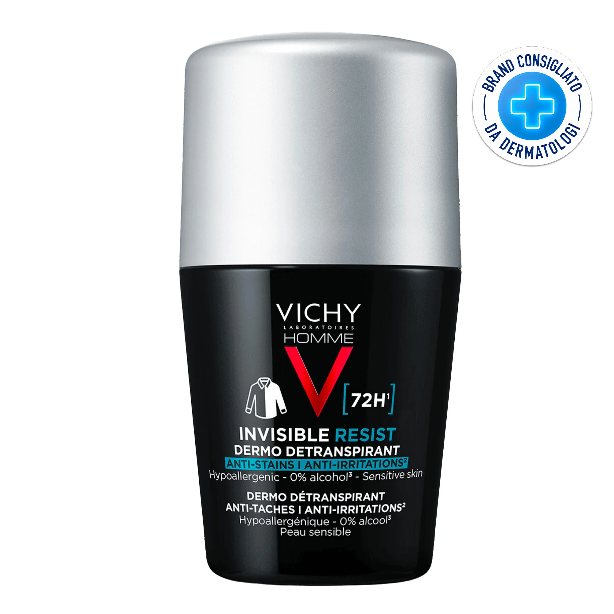 Vichy Homme Deodorante Roll-On Invisibile 72H, 50 Ml Freschezza Duratura
