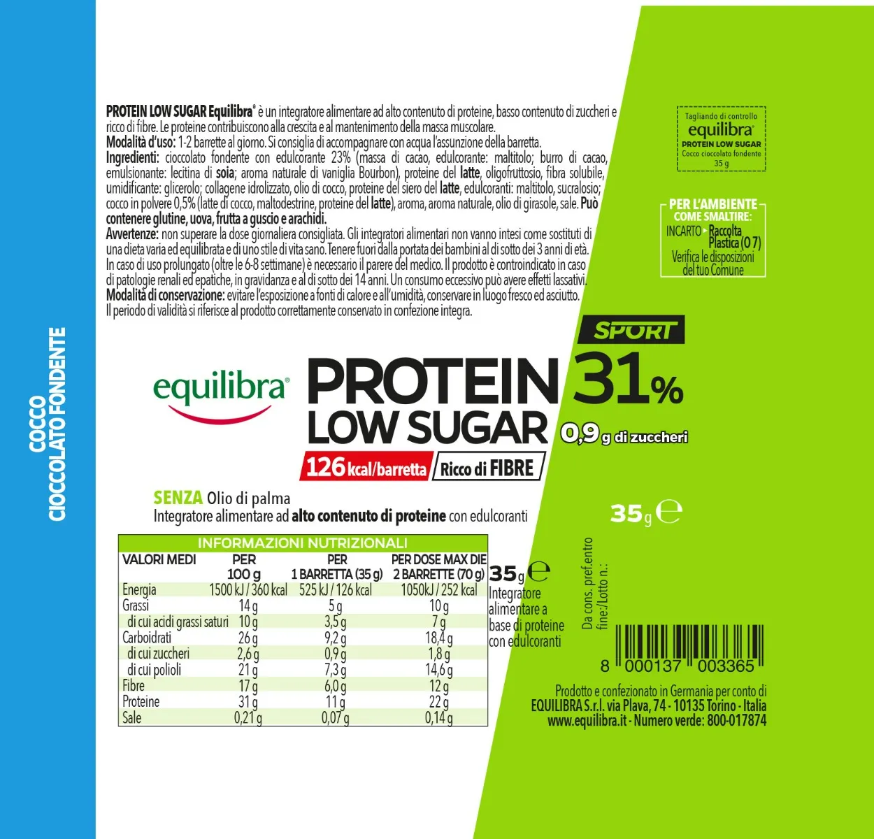 Equilibra Protein 31% Low Sugar Barretta Cocco e Cioccolato Fondente 35 g Snack ad alto contenuto proteico
