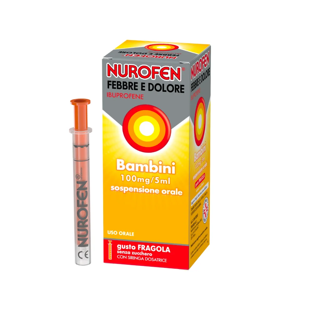 Nurofen Febbre e Dolore Bambini 100 mg/5 ml Ibuprofene Sospensione Orale Fragola 150 ml Antinfiammatorio