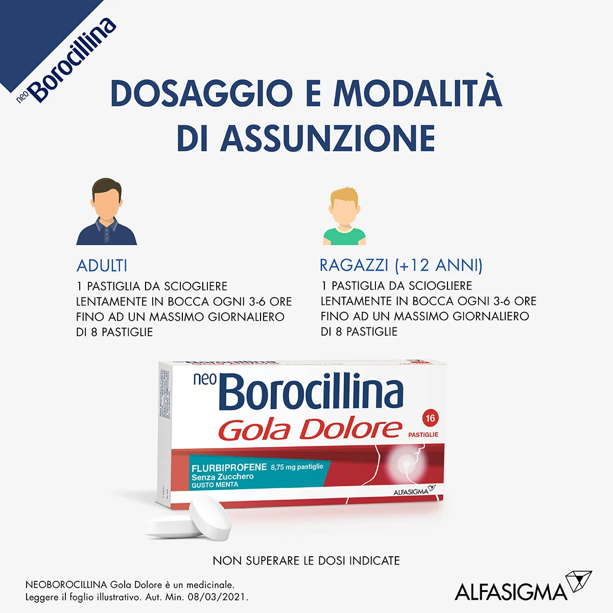 Neo Borocillina Gola Dolore 8,75 mg Menta Senza Zucchero 16 Pastiglie Dolore e Infiammazione alla Gola