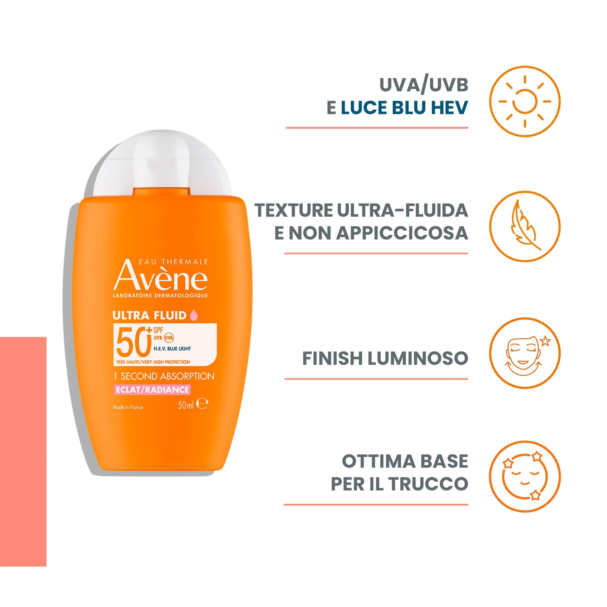 Avene Solare Ultra Fluid Luminosità SPF50+ 50 ml Pelle Sensibile