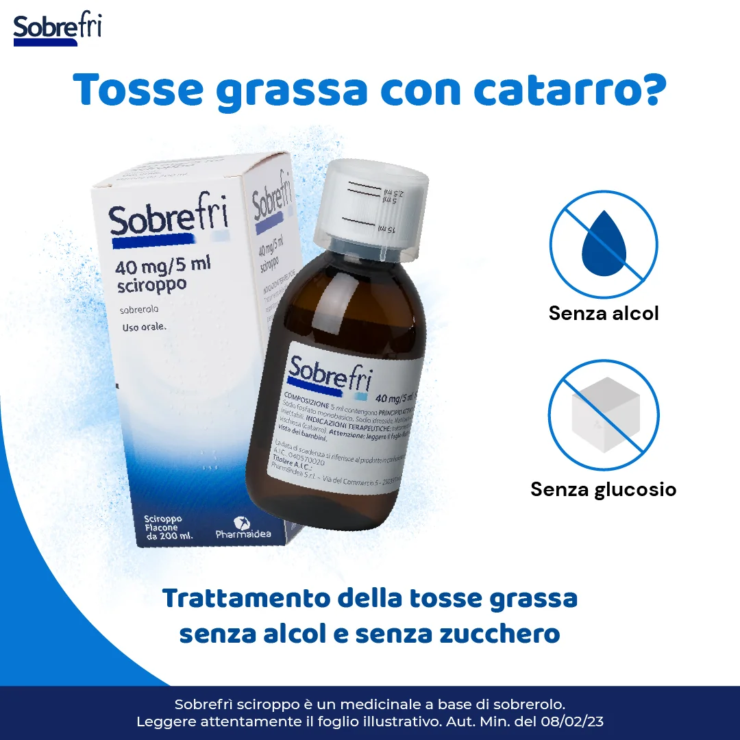 Sobrefri Sciroppo Mucolitico Tosse Grassa Senza Zucchero 2 Anni+ 200 Ml