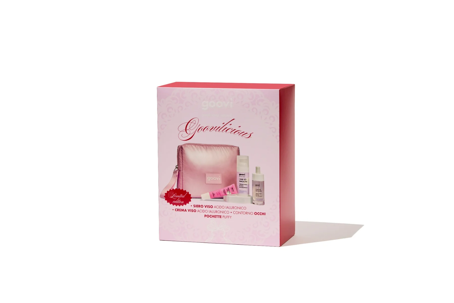 Goovi Cofanetto Idratazione 2025 Siero viso acido ialuronico 30 ml + Crema viso acido ialuronico 50 ml + Contorno occhi 15 ml + Pochette riutilizzabile