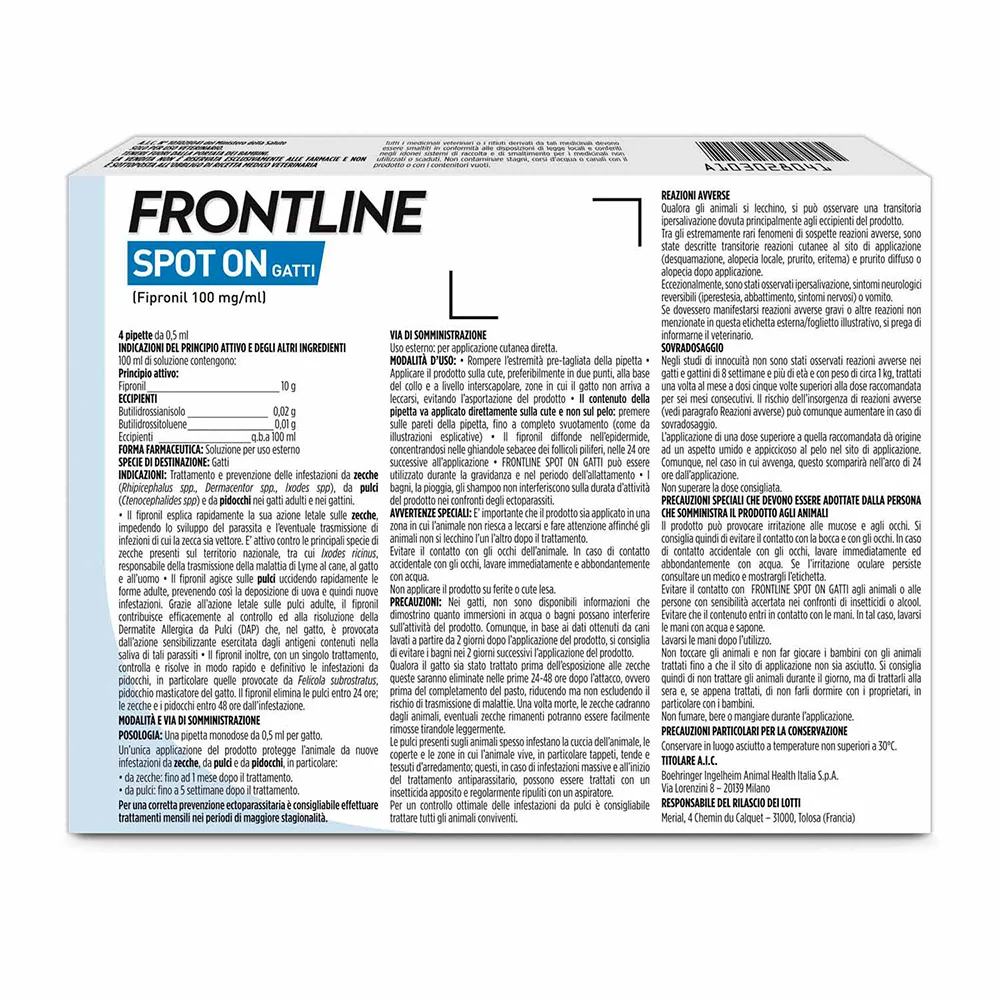 Frontline Spot On Gatti X4 Antiparassitario Contro Pulci, Zecche E Pidocchi Prevenzione delle infezioni da zecche