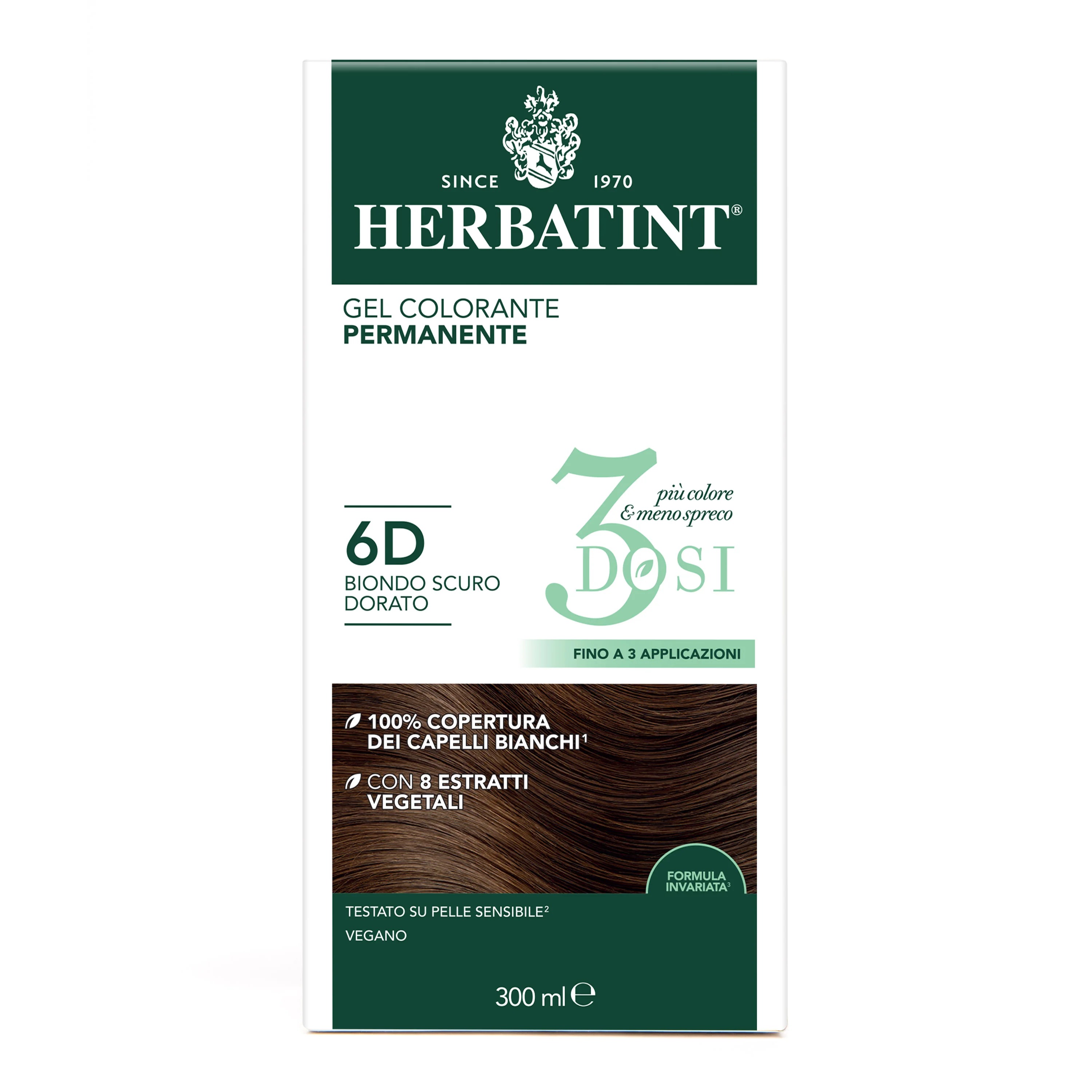 Herbatint Tintura Capelli Gel Permanente 3Dosi 6D Biondo Scuro Dorato 300 ml 