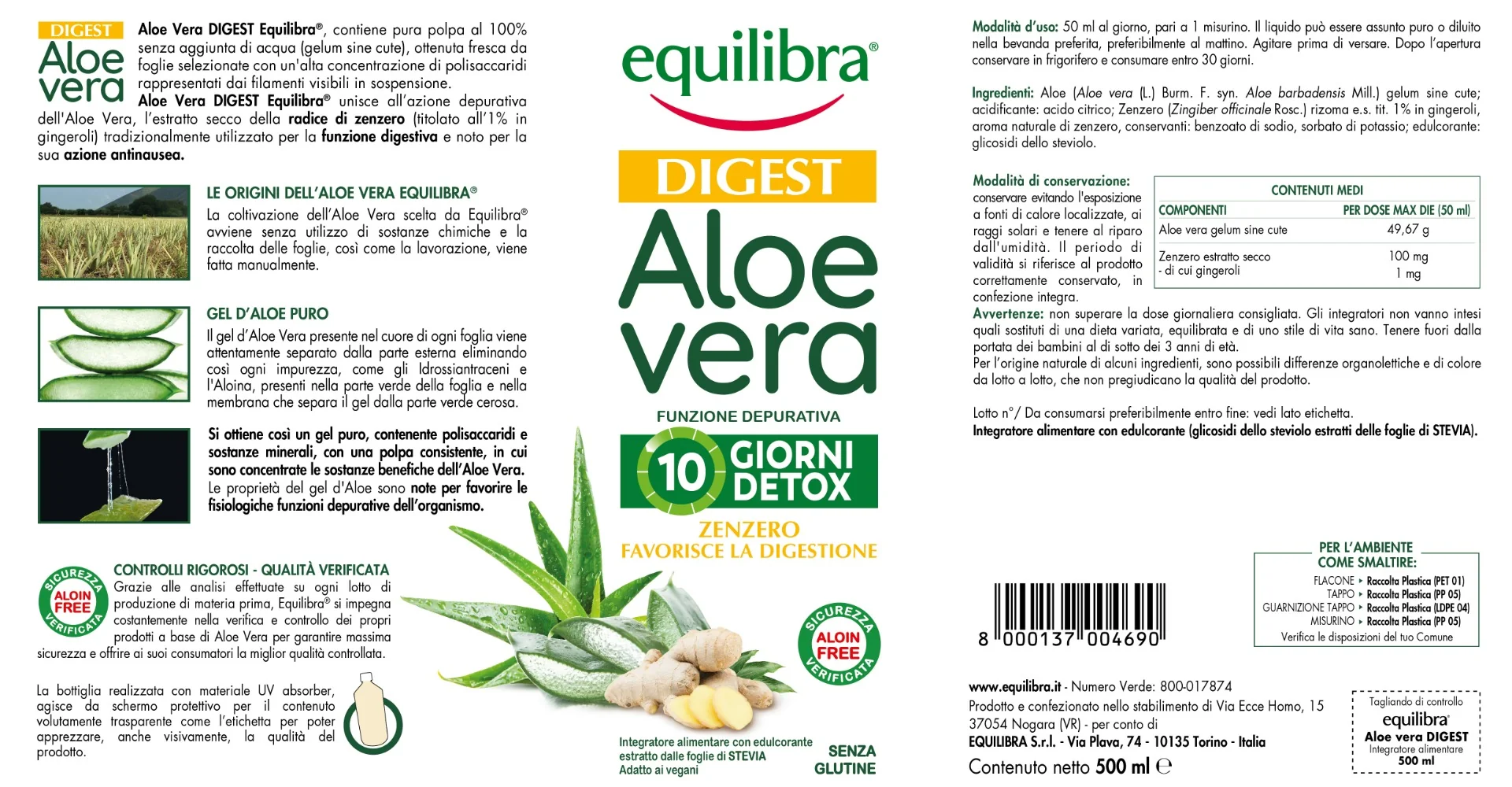 Equilibra Aloe Vera Digest Zenzero 500 Ml Per digerire