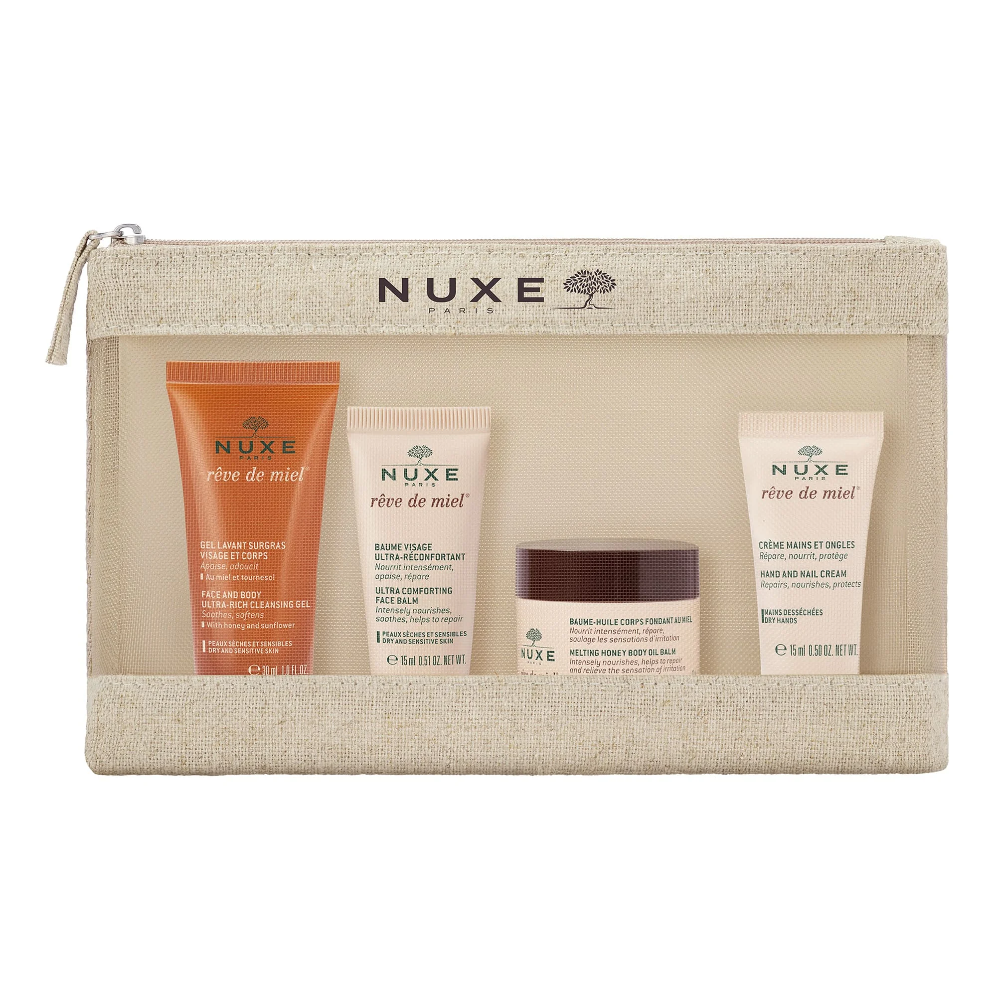 Nuxe Trousse Voyage Reve De Miel Gel Doccia 30ml + Balsamo Viso 15ml + Olio Corpo 30ml + Crema Mani e Unghie 15ml
