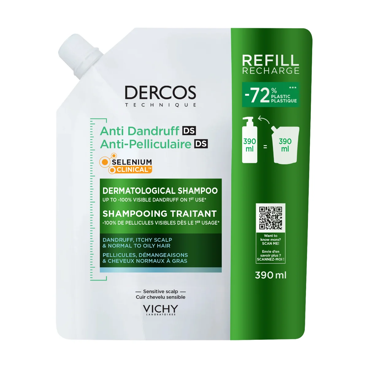 Dercos Technique Shampoo Antiforfora Ds Grassi Refill 390 ml Specifico per i Capelli da Normali a Grassi