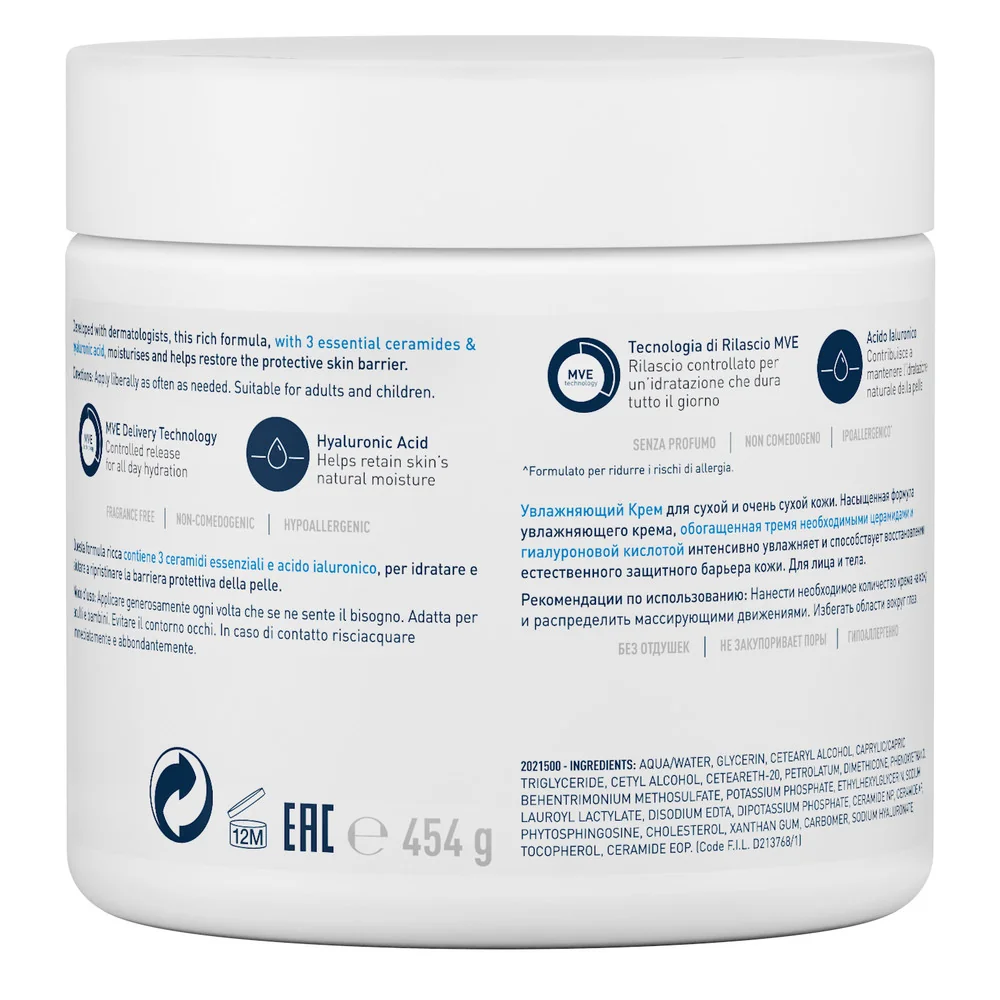 Cerave Crema Idratante 48h 454 g Idratazione Profonda per Pelle Secca e Molto Secca