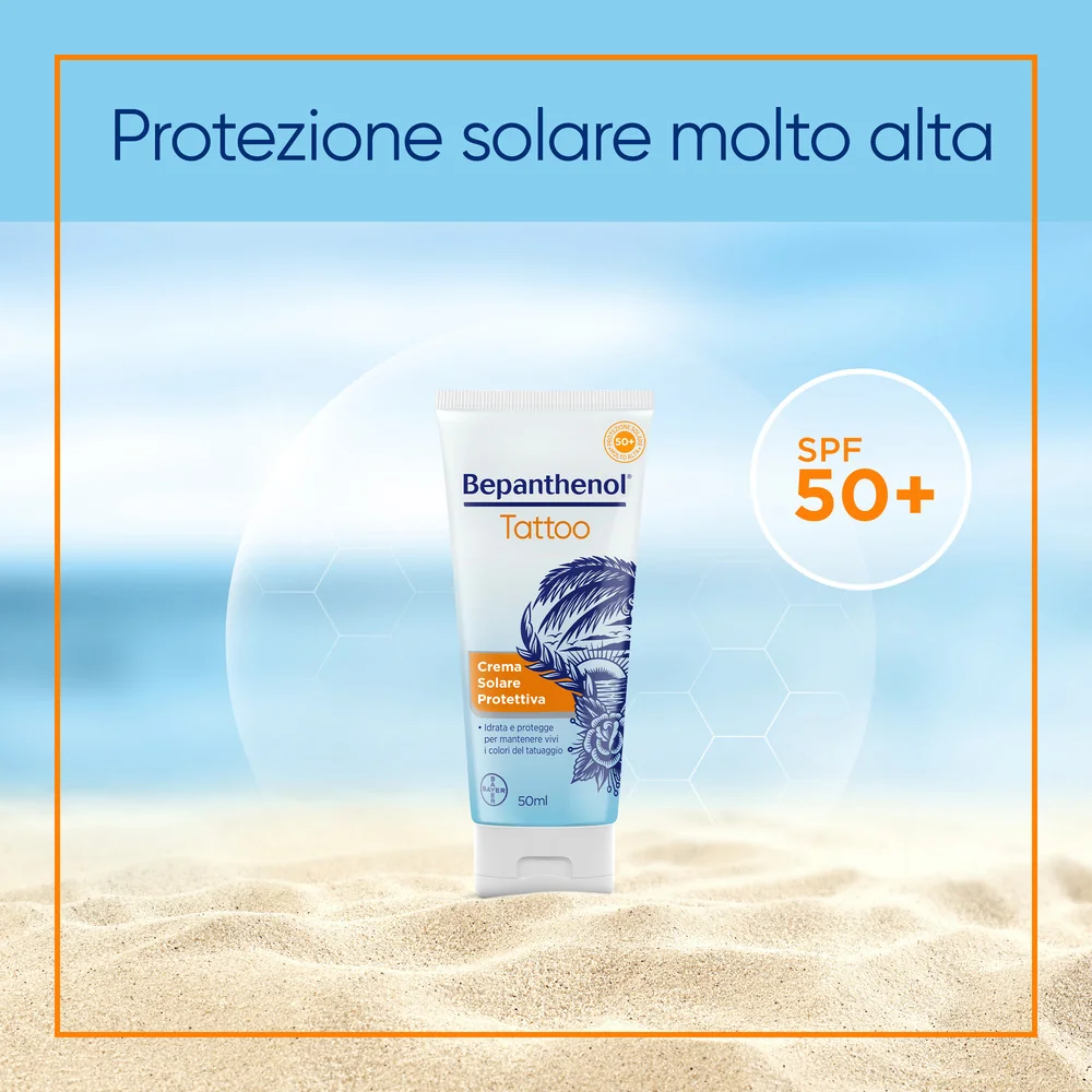 Bepanthenol Tattoo Crema Protezione Solare Molto Alta SPF50+ 50ml Per Tatuaggi