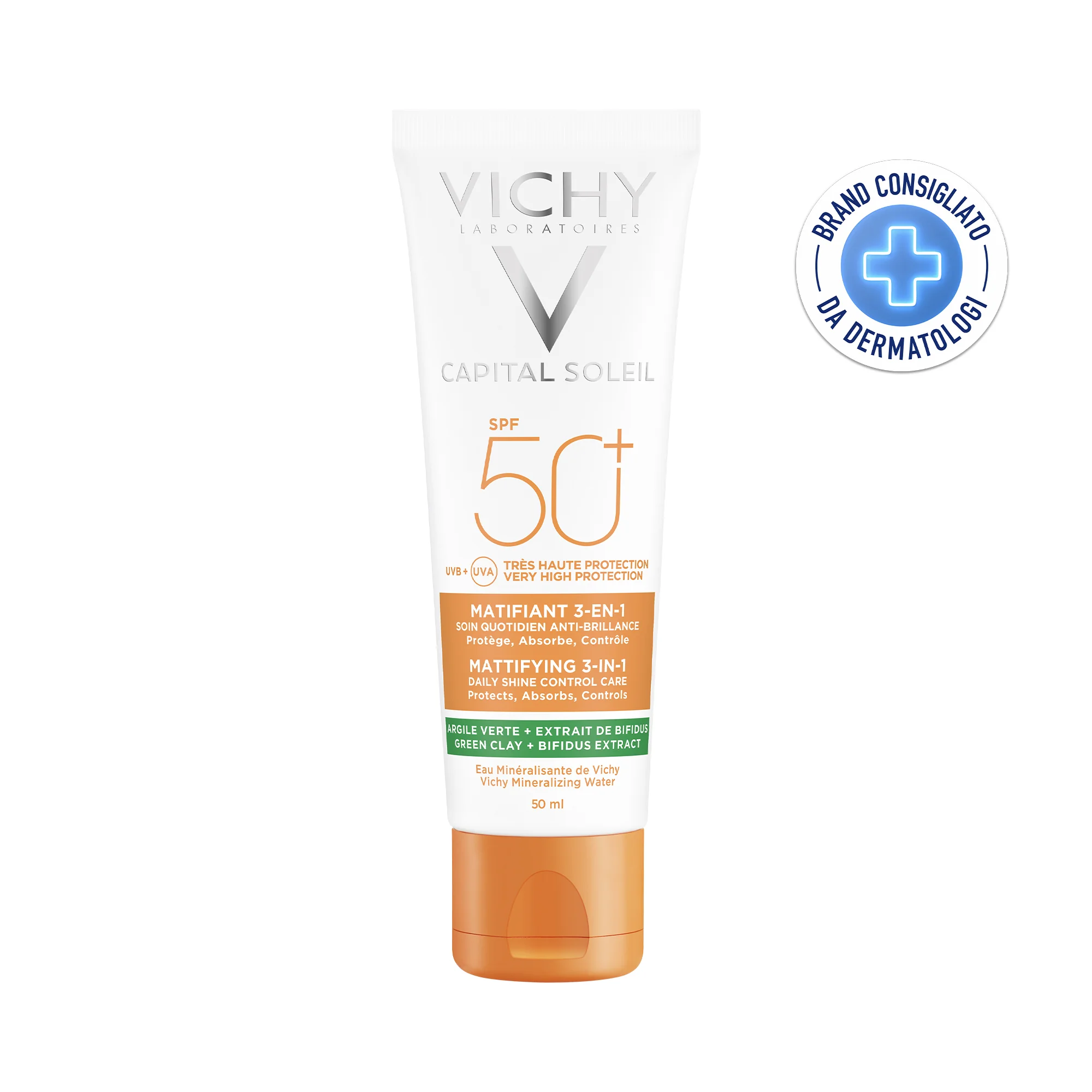 Vichy Capital Soleil Trattamento Opacizzante 3 in 1 SPF50+, 50 Ml Effetto mat