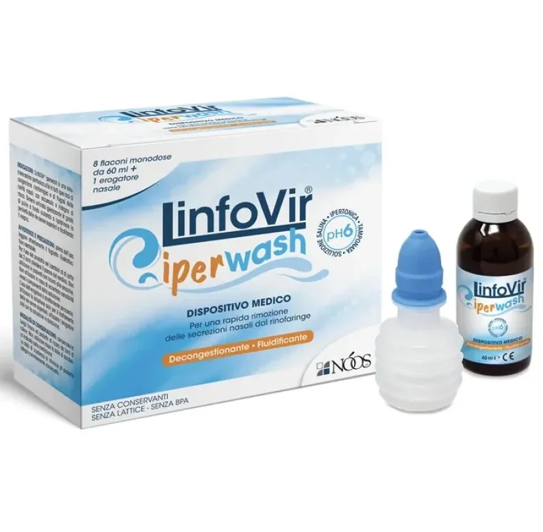 Linfovir Iperwash 8 Flaconi da 60 ml + 1 Erogatore Nasale Soluzione Salina Ipertonica Tamponata