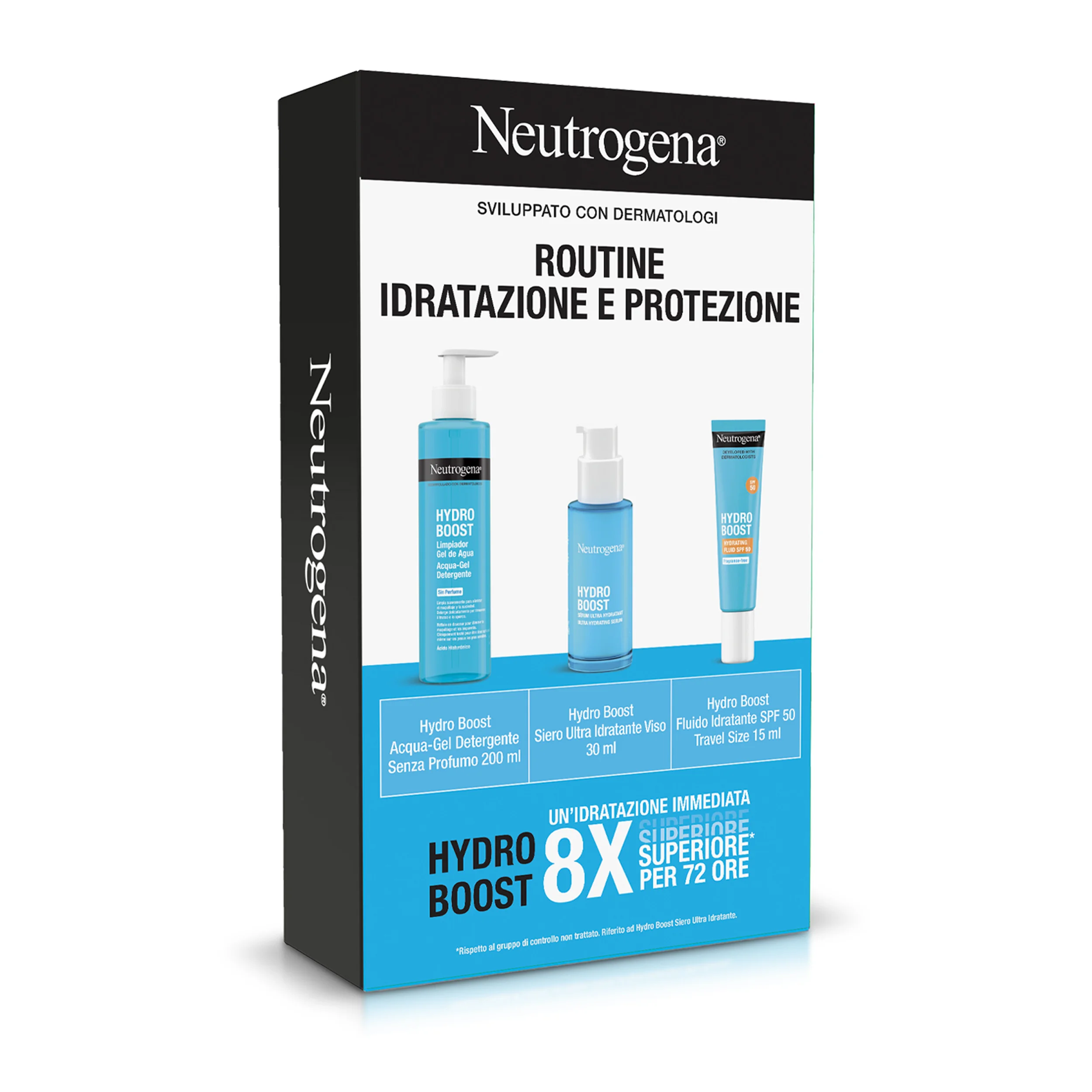 Neutrogena Idratazione e Protezione Hydro Boost Detergente 200 ml + Siero 30 ml + Fluido SPF50 15ml Azione Intensiva