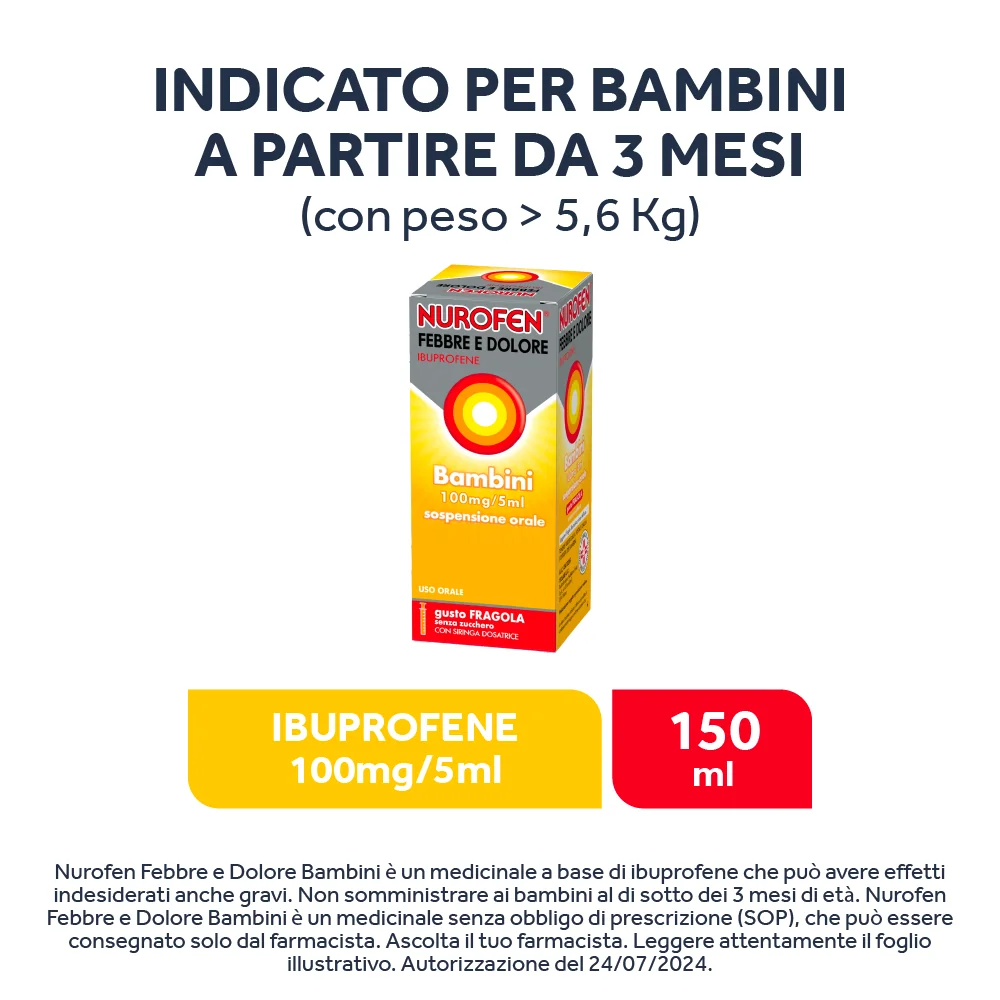 Nurofen Febbre e Dolore Bambini 100 mg/5 ml Ibuprofene Sospensione Orale Fragola 150 ml Antinfiammatorio