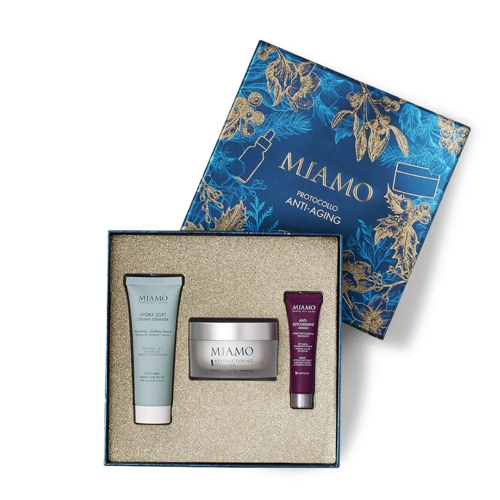 Miamo Cofanetto Xmas 2023 Restructuring Hydra Soft Creamy Cleanser 50 ml + Restructuring Cream 24h 50 ml + Anti-glycoxidant Masque