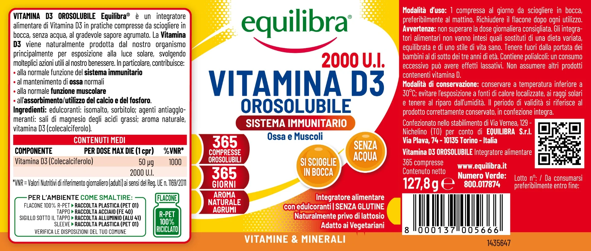 Equilibra Vitamina D3 Orosolubile 365 Compresse Vitamina D