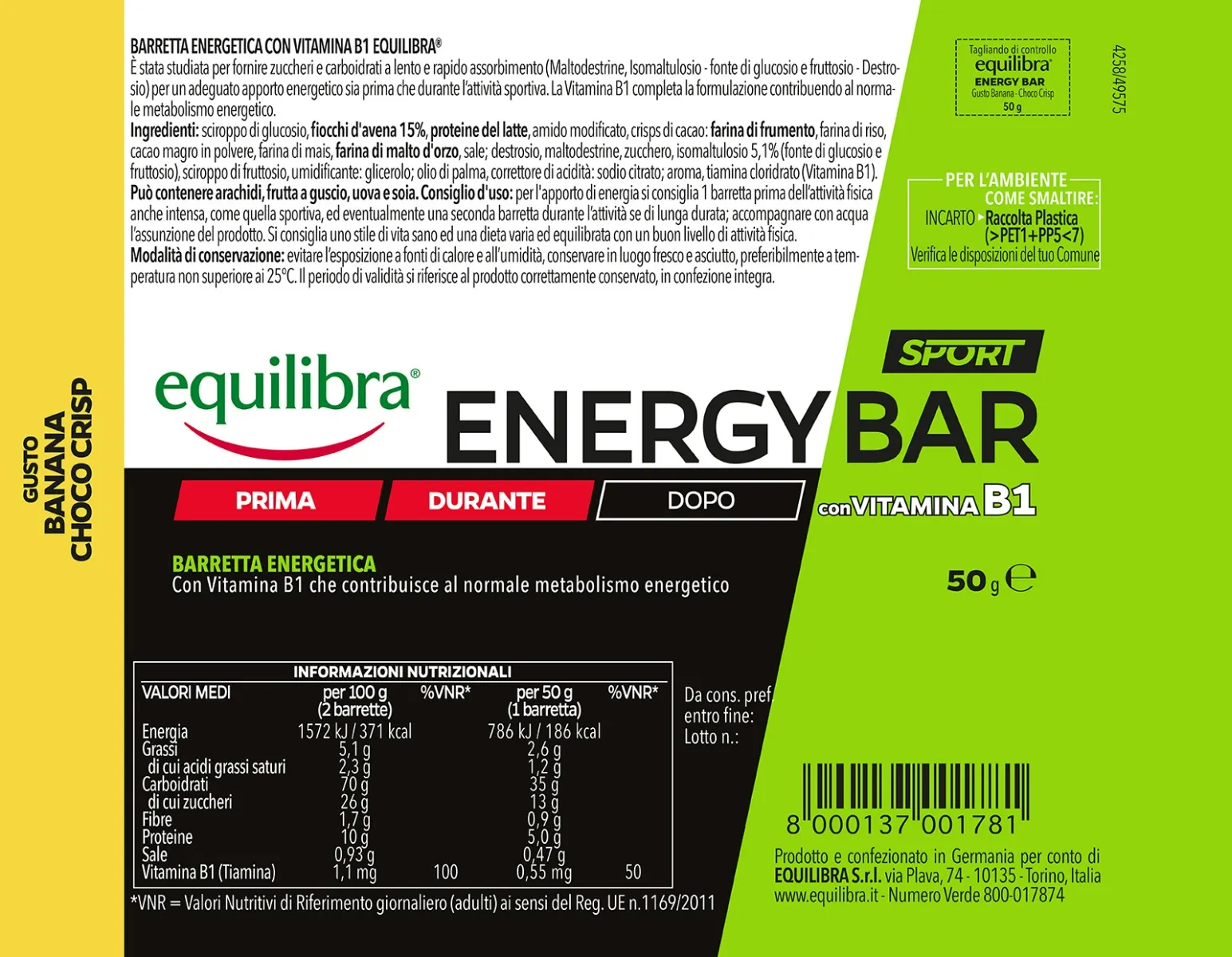 Equilibra Energy Bar Banana&Choco Crisp 50 G Energia Durante lo Sport