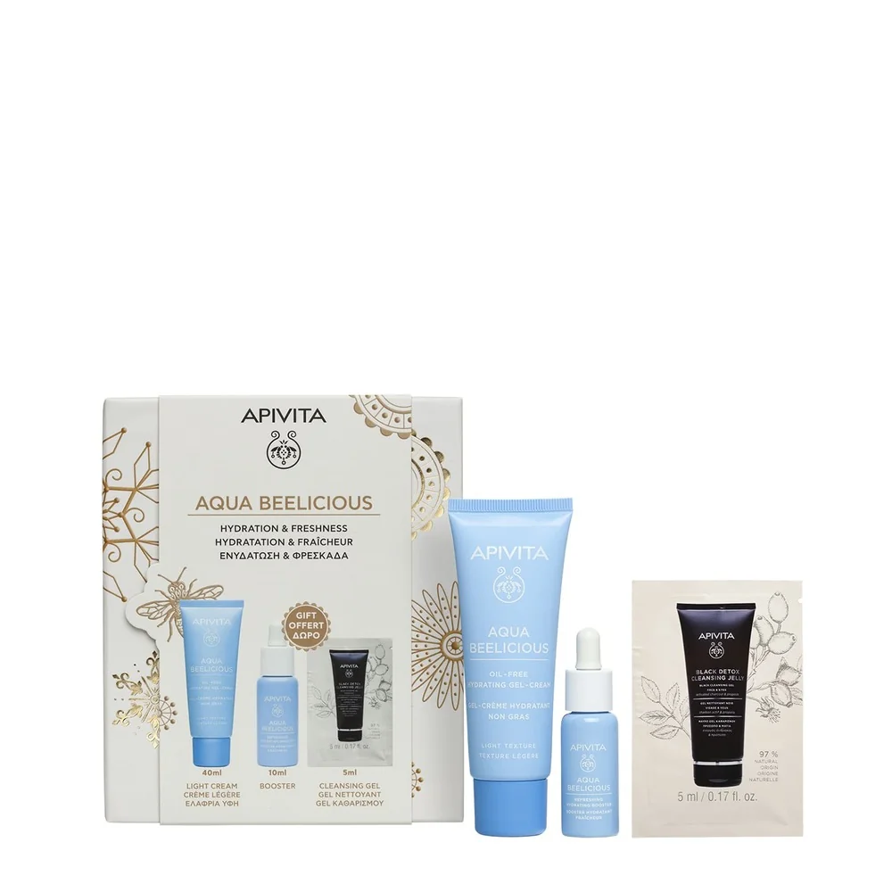 Apivita Aqua Beelicious Cofanetto 2025 Gel-Crema Idratante Oil Free Texture Leggera + Booster Idratante Rinfrescante + Gel Detergente Nero - Viso & Occhi