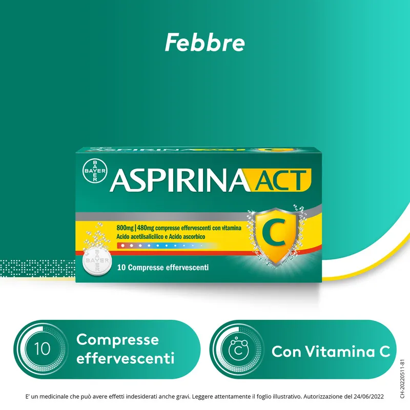 Aspirina Act 10 Compresse Effervescenti 800 + 480 mg Con vitamina C