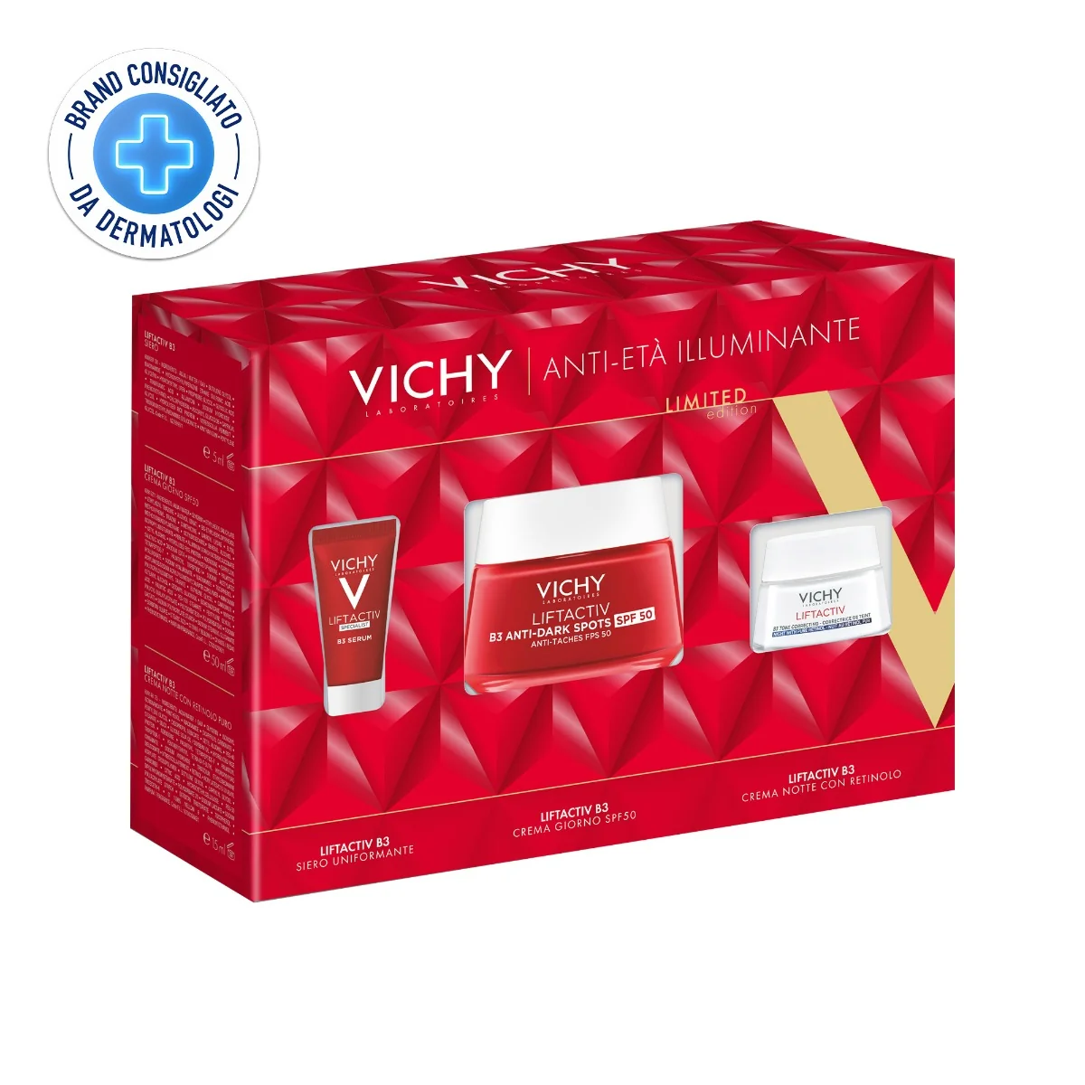 Cofanetto Vichy Liftactiv Antietà Illuminante Crema B3 SPF50 50 ml + Lift Specialist B3 Siero 5 ml + Liftactive Supreme Notte 15 ml