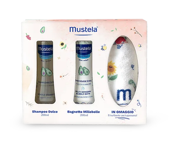 Mustela Cofanetto Bagnetto Turbante Shampoo Dolce 200 ml + Bagnetto Millebolle 200 ml + Turbante Asciugamano