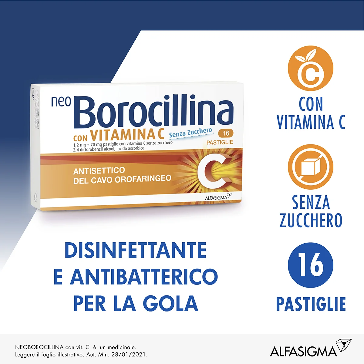 Neoborocillina C Senza Zucchero 16 Pastiglie Antisettico Del Cavo Orofaringeo