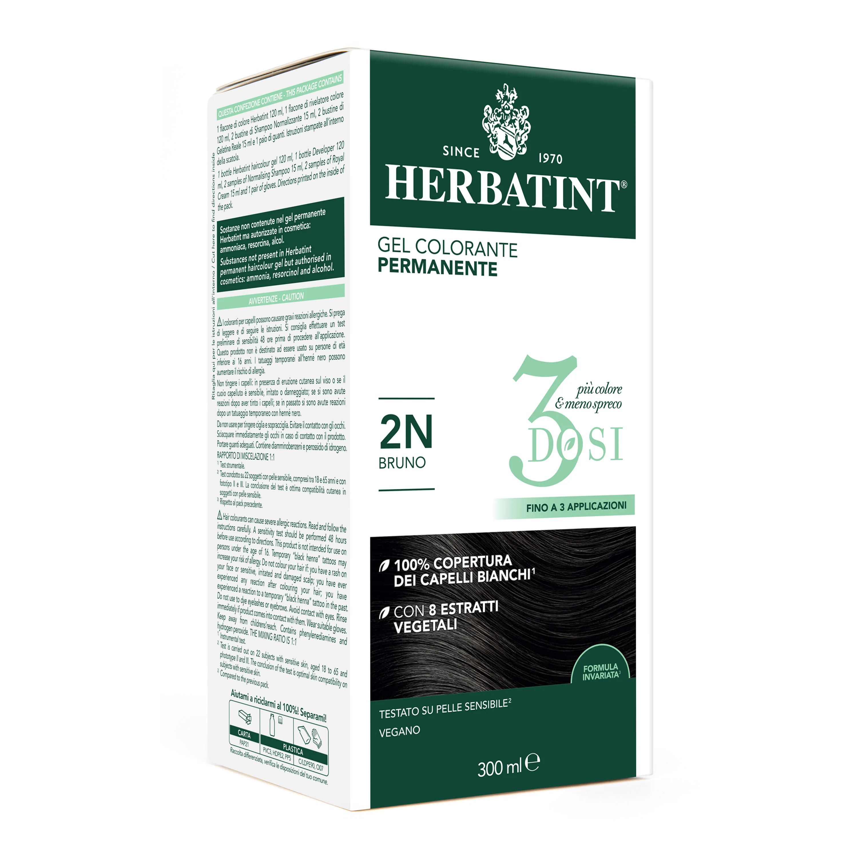 Herbatint Tintura Capelli Gel Permanente 3Dosi 2N Bruno 300 ml 