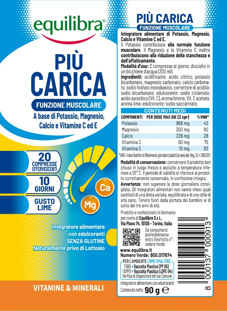 Equilibra Piu' Carica Lime 20 Compresse Effervescenti Integratore Energetico
