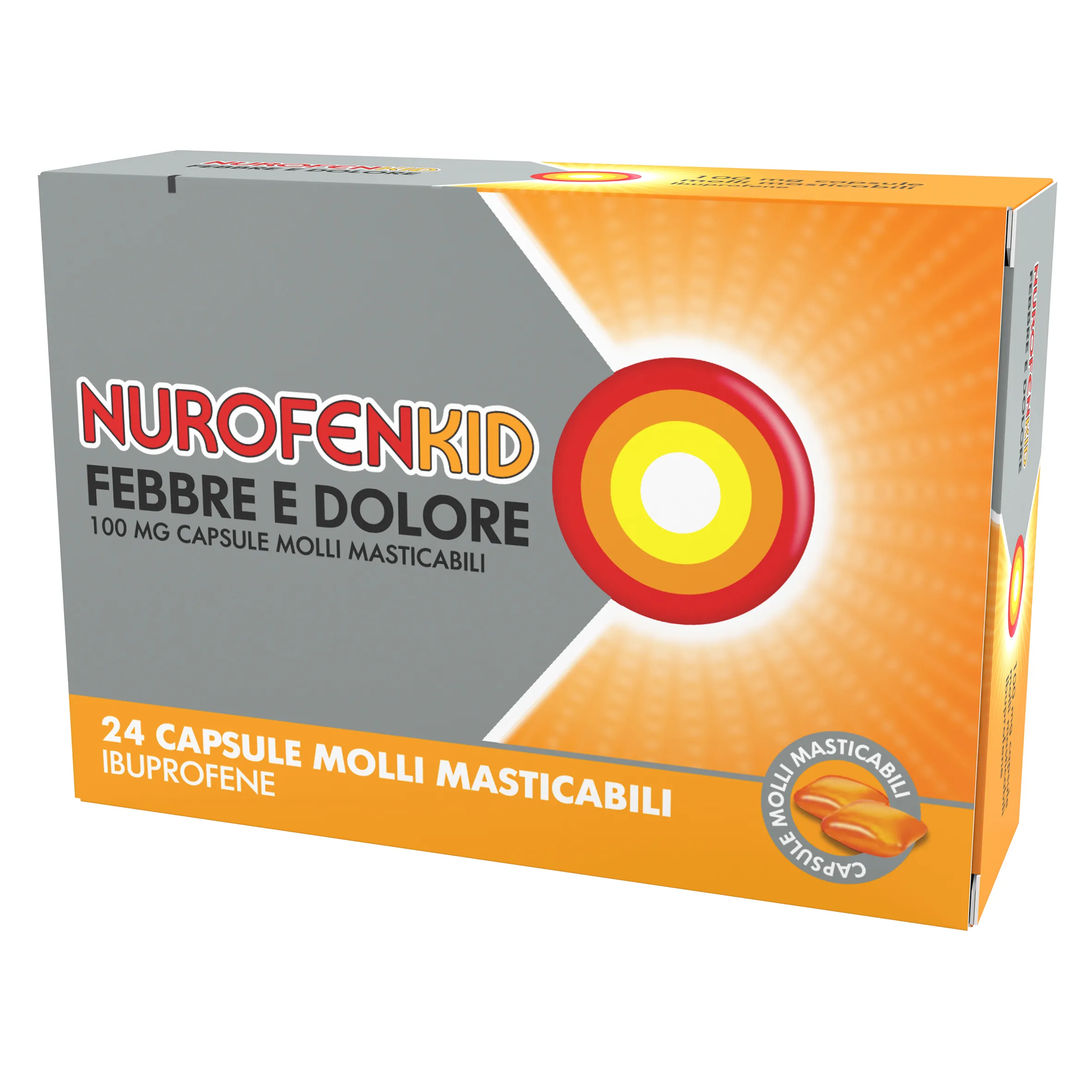 NurofenKid Febbre e Dolore 100 mg Ibuprofene 24 Capsule Molli Masticabili