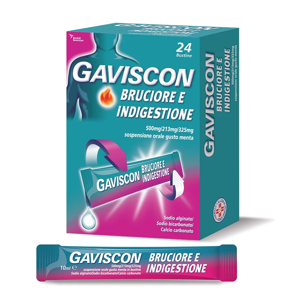 Gaviscon Bruciore e Indigestione Sospensione Orale Gusto Menta 24 Bustine Sintomi da Reflusso Gastro-Esofageo