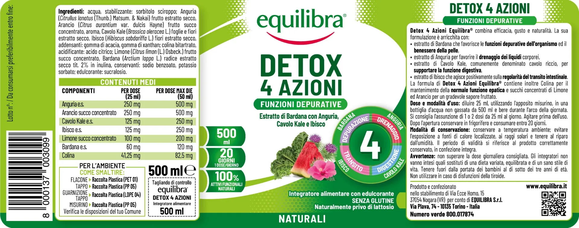 Equilibra Detox 4 Azioni Gusto Frutta 500 ml Depurativo Drenante