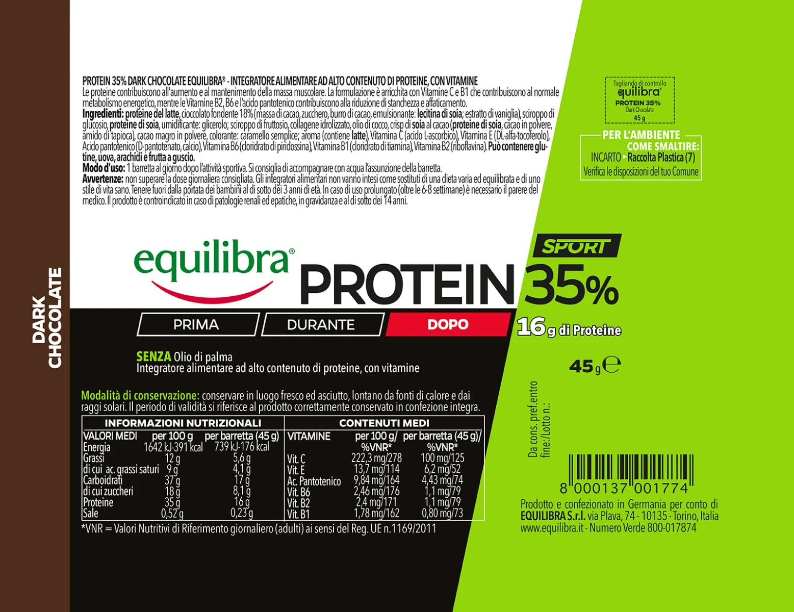 Equilibra Protein 35% Barretta Dark Chocolate Snack ad Alto Contenuto Proteico