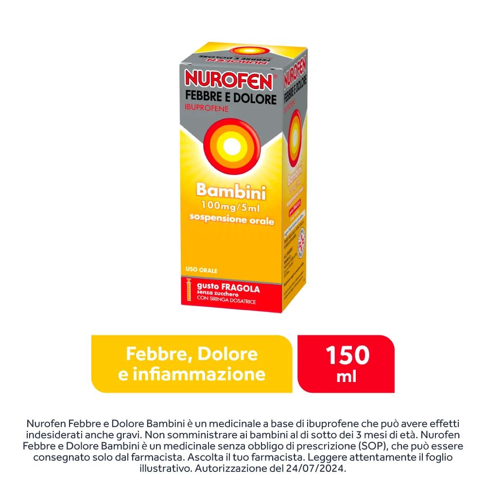 Nurofen Febbre e Dolore Bambini 100 mg/5 ml Ibuprofene Sospensione Orale Fragola 150 ml Antinfiammatorio