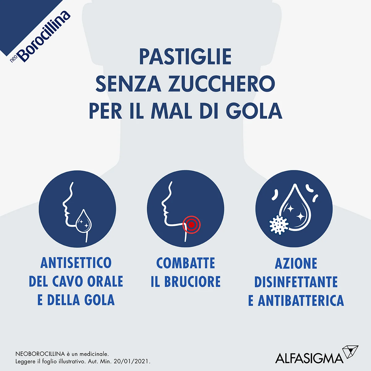 Neoborocillina Senza Zucchero 1,2mg + 20mg Antisettico 16 Pastiglie