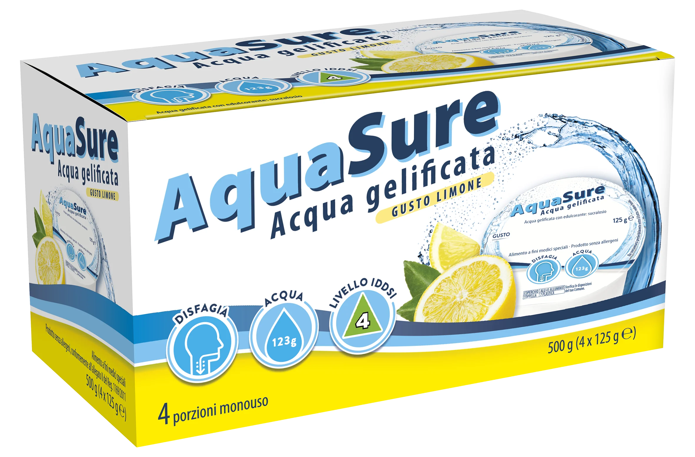 AquaSure Acqua Gelificata Edulcorata Gusto Limone 4 x 125 g Idratazione