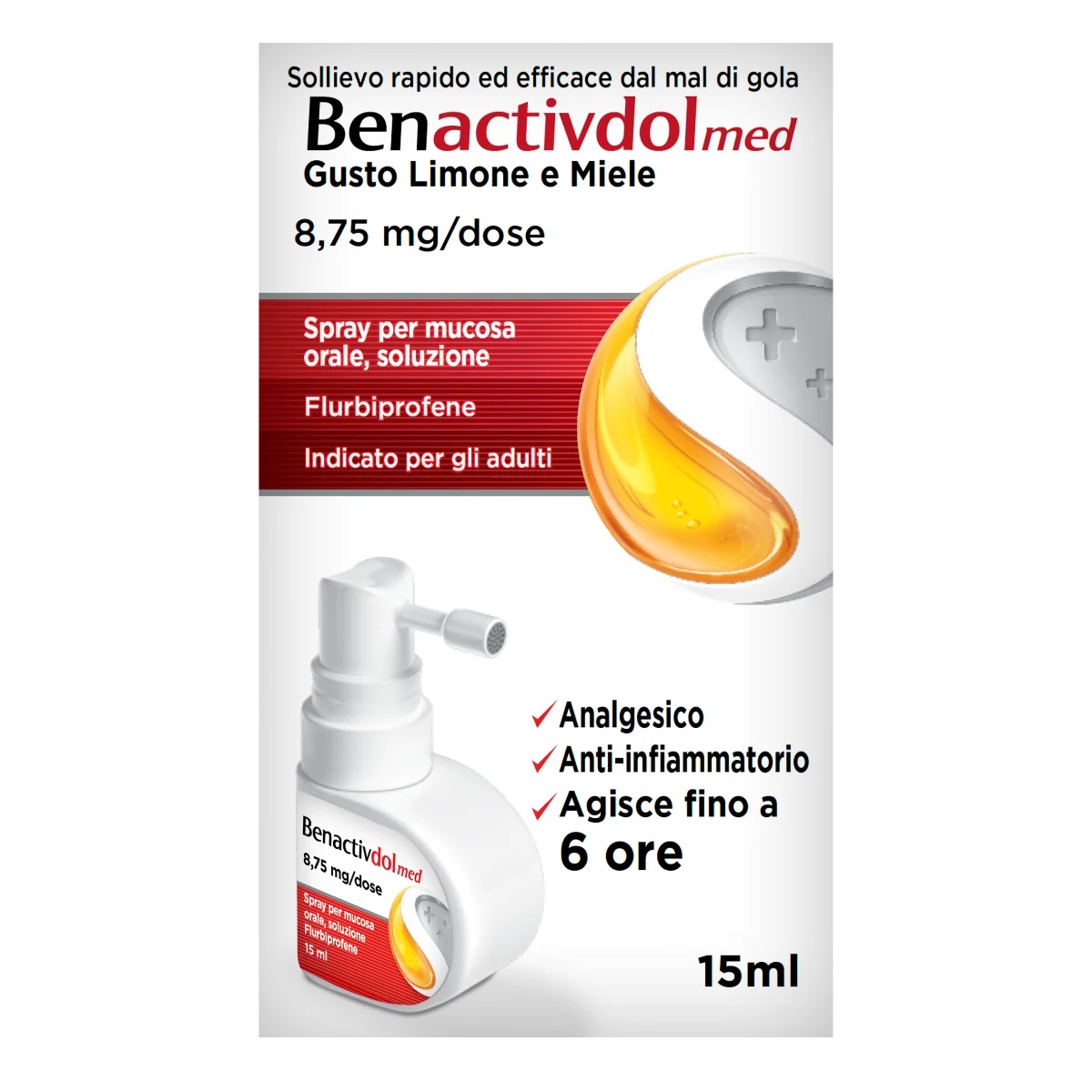 Benactivdolmed Gola Spray Gusto Limone e Miele Indicato Per Mal di Gola 15 ml Antidolorifico e Antinfiammatorio