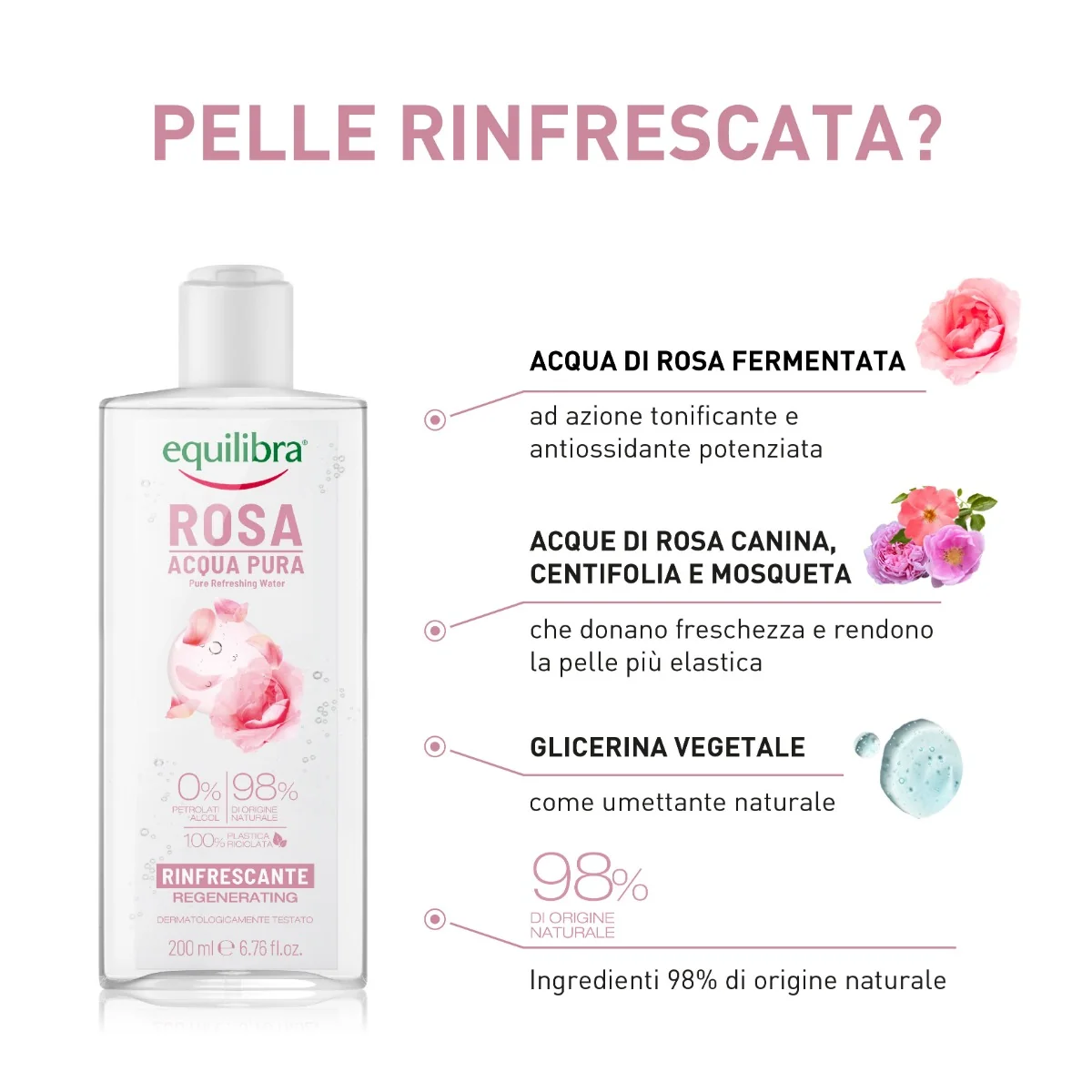 Equilibra Rosa Acqua Pura Tonificante 200 Ml Tonico Multiattivo