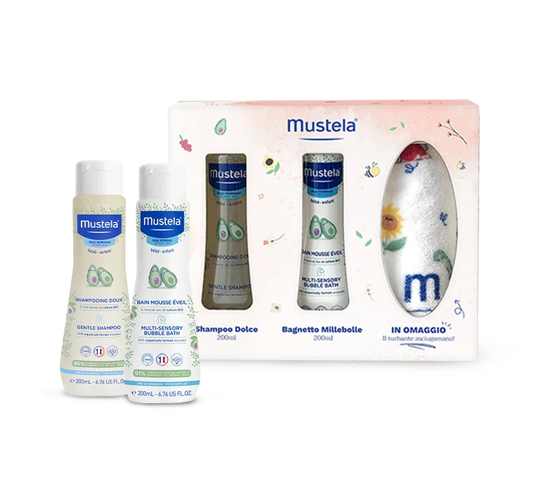 Mustela Cofanetto Bagnetto Turbante Shampoo Dolce 200 ml + Bagnetto Millebolle 200 ml + Turbante Asciugamano
