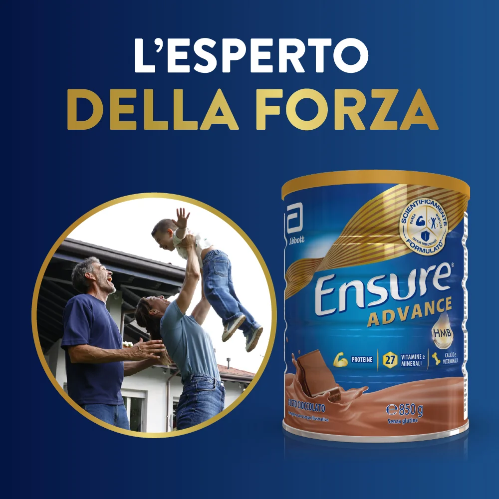 Ensure Advance 850 g Gusto Cioccolato Integratore Alimentare Proteico e Multivitaminico con HMB Formato Polvere