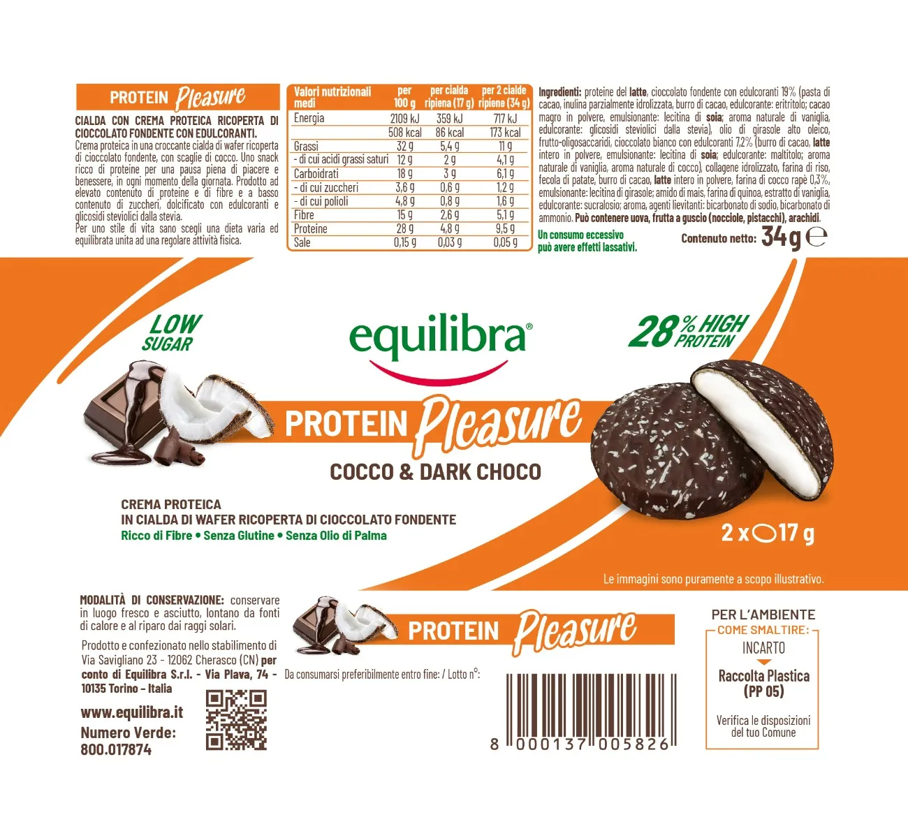 Equilibra Dobloni Cocco&Dark 2x17 G Snack Proteico