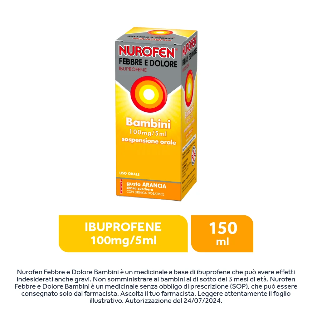Nurofen Febbre e Dolore Bambini 100 mg/5 ml Ibuprofene Sospensione Orale Arancia 150 ml Antinfiammatorio