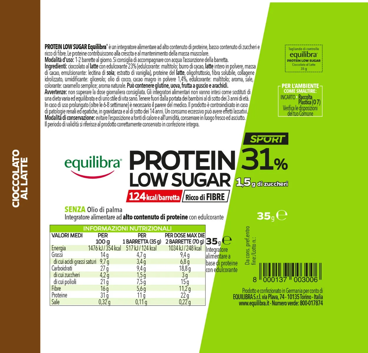 Equilibra Protein 31% Low Sugar Cioccolato al Latte 35 g Barretta Proteica Dopo Sport